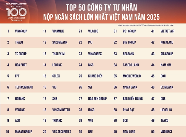 Top 50 doanh nghiệp tư nhân nộp ngân sách lớn nhất Việt Nam