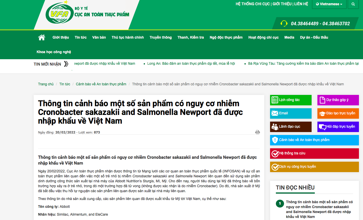 Cảnh báo một số sản phẩm có nguy cơ nhiễm Cronobacter sakazakii and Salmonella Newport đã được nhập khẩu về Việt Nam