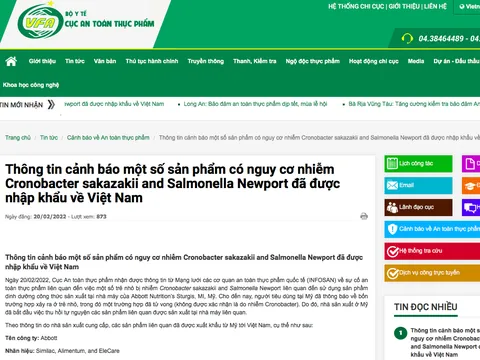 Cảnh báo một số sản phẩm có nguy cơ nhiễm Cronobacter sakazakii and Salmonella Newport đã được nhập khẩu về Việt Nam