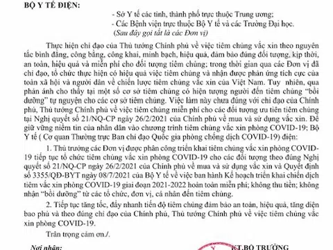 Bộ Y tế yêu cầu các đơn vị tiêm chủng vắc xin Covid-19 không được thu tiền, không nhận tiền “bồi dưỡng”